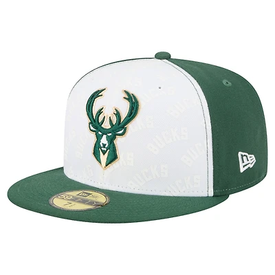 Men's New Era  White/Hunter Green Milwaukee Bucks Repeat 59Fifty Fitted Hat