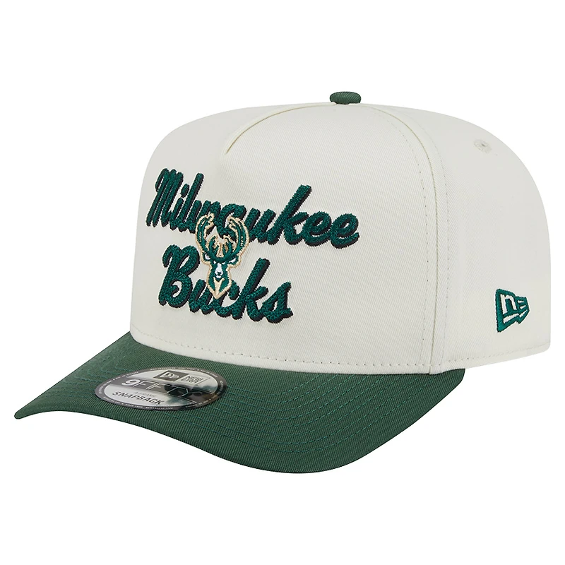 Men's New Era Cream/Hunter Green Milwaukee Bucks Chainstitch 9FIFTY A-Frame Snapback Hat
