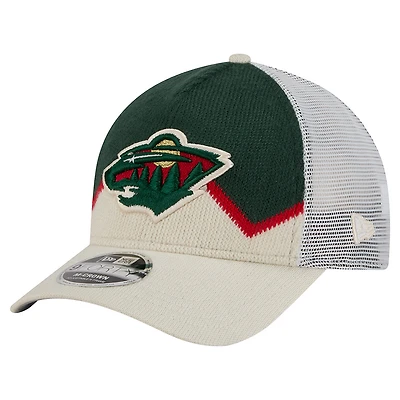 Men's New Era  Cream/Green Minnesota Wild Hockey Sock 9FORTY A-Frame M-Crown Adjustable Trucker Hat