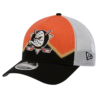 Men's New Era  Black/Orange Anaheim Ducks Hockey Sock 9FORTY A-Frame M-Crown Adjustable Trucker Hat