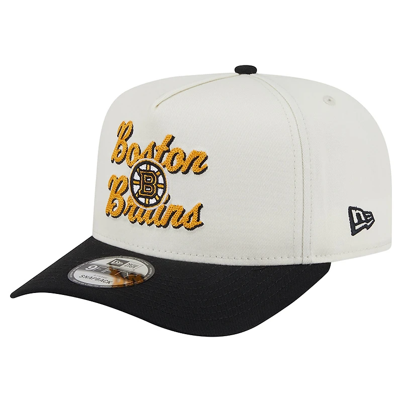 Men's New Era Cream/Black Boston Bruins Chainstitch 9FIFTY A-Frame Snapback Hat
