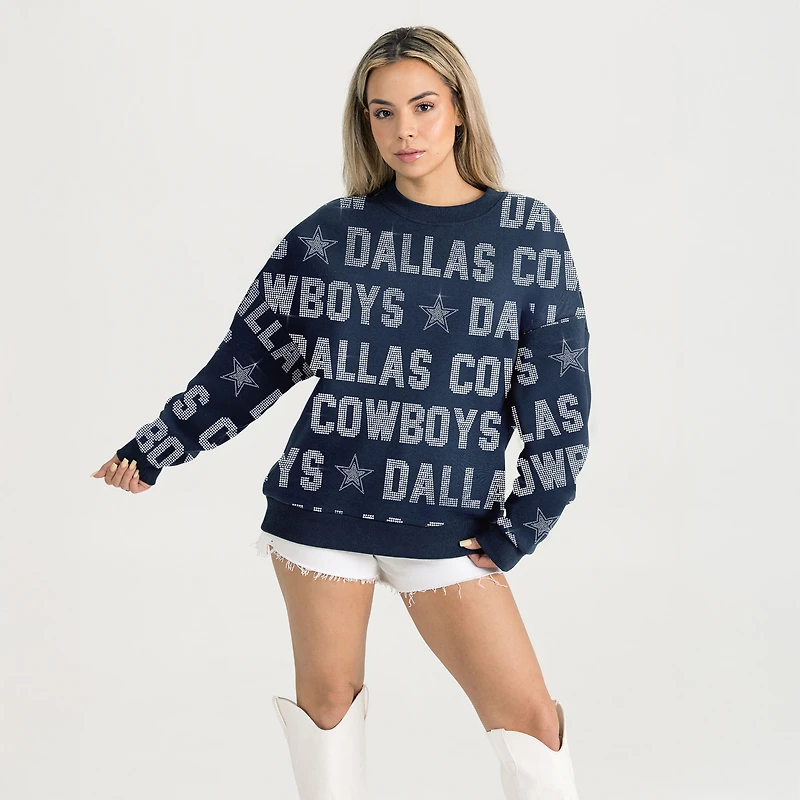 Women's Gameday Couture Navy Dallas Cowboys Relaxed Drop Shoulder Hype Era Rhinestone Text Sweatshirt