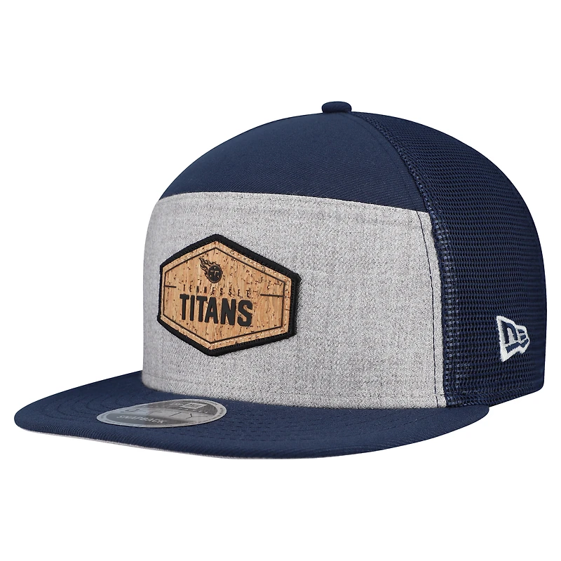 Men's New Era Gray/Navy Tennessee Titans Cork Split Panel 9FIFTY Trucker Snapback Hat