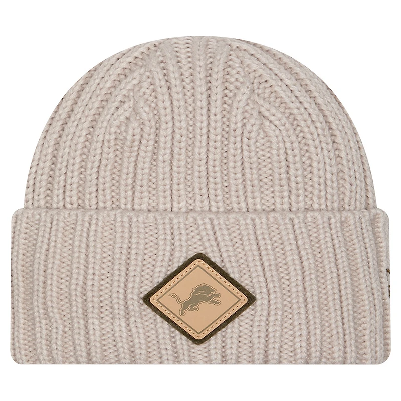 Men's New Era Light Beige Detroit Lions Logo Applique Cuffed Knit Hat