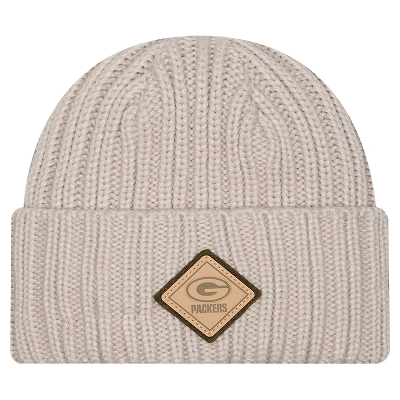 Men's New Era Light Beige Green Bay Packers Logo Applique Cuffed Knit Hat