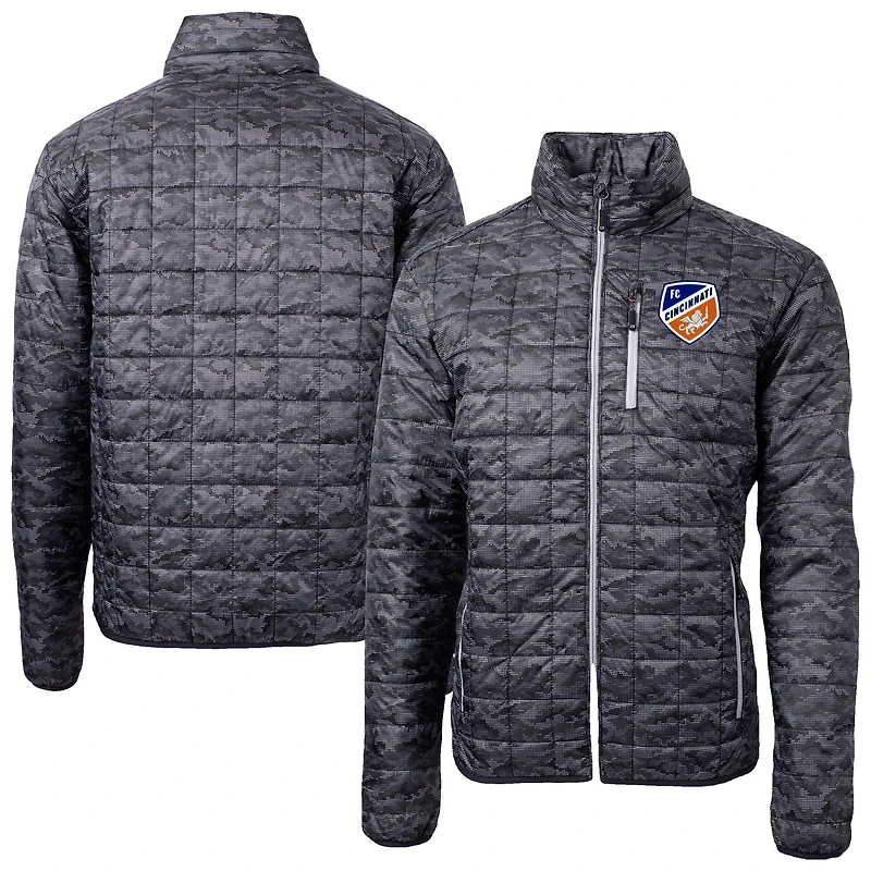 Men's Cutter & Buck Black FC Cincinnati Rainier PrimaLoft® Eco Insulated Printed Full-Zip Hoodie Puffer Jacket