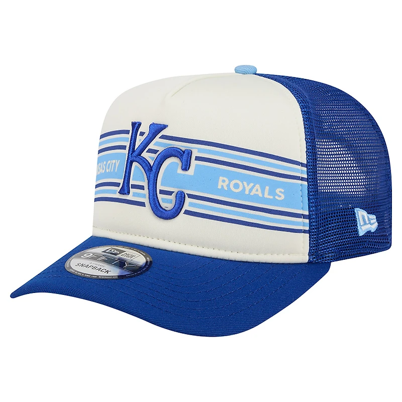 Men's New Era Cream/Royal Kansas City Royals Banner A-Frame 9FIFTY Trucker Snapback Hat
