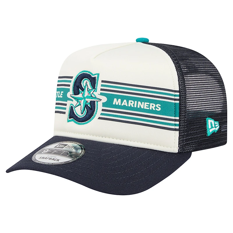Men's New Era Cream/Navy Seattle Mariners Banner A-Frame 9FIFTY Trucker Snapback Hat