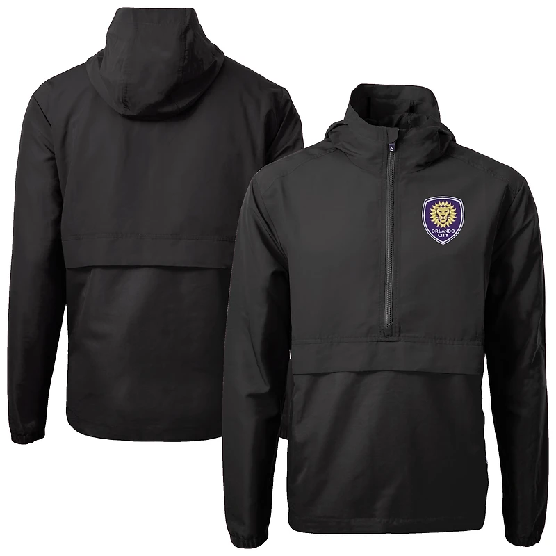 Men's Cutter & Buck Black Orlando City SC Charter Eco Recycled Anorak Hooded Half-Zip Jacket