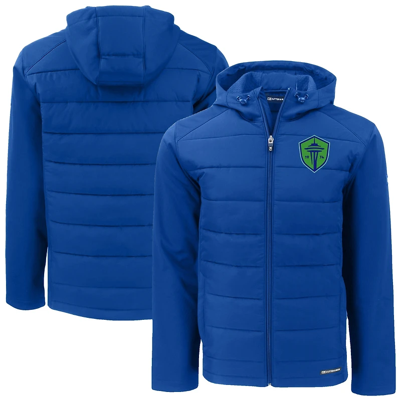 Men's Cutter & Buck  Blue Seattle Sounders FC Evoke Hybrid Eco Softshell Recycled Full Zip Hooded Jacket