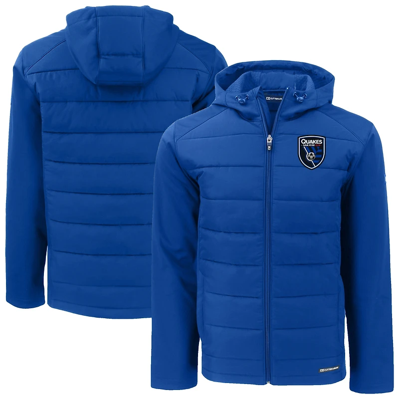 Men's Cutter & Buck  Blue San Jose Earthquakes Evoke Hybrid Eco Softshell Recycled Full Zip Hooded Jacket