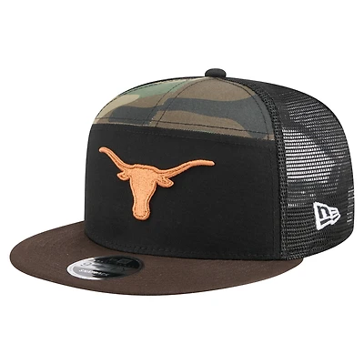 Men's New Era Black/Camo Texas Longhorns Outdoor Wide Panel 9FIFTY Snapback Trucker Hat