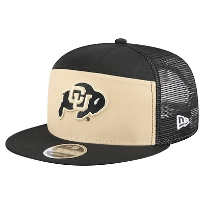 Men's New Era Black/Gold Colorado Buffaloes Outdoor Wide Panel 9FIFTY Snapback Trucker Hat