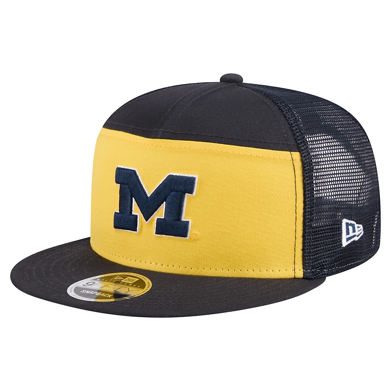 Men's New Era Black/Maize Michigan Wolverines Outdoor Wide Panel 9FIFTY Snapback Trucker Hat