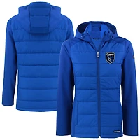 Women's Cutter & Buck  Blue San Jose Earthquakes Evoke Hybrid Eco Softshell Recycled Full Zip Hooded Jacket