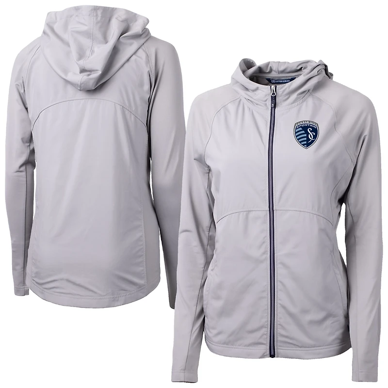 Women's Cutter & Buck  Gray Sporting Kansas City Adapt Eco Knit Hybrid Recycled Raglan Full-Zip Jacket