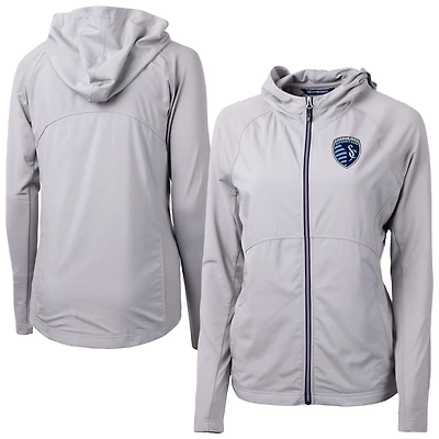 Women's Cutter & Buck  Gray Sporting Kansas City Adapt Eco Knit Hybrid Recycled Raglan Full-Zip Jacket