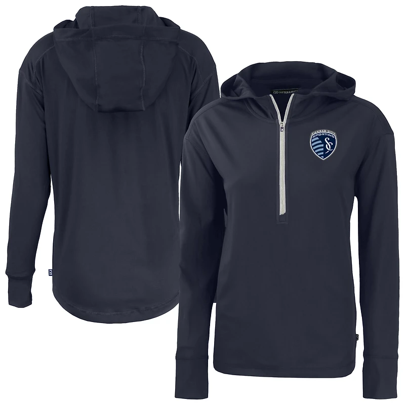 Women's Cutter & Buck  Navy Sporting Kansas City Daybreak Eco Recycled Half-Zip Hoodie