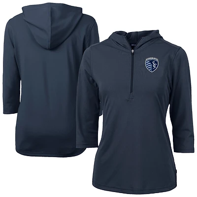 Women's Cutter & Buck  Navy Sporting Kansas City Virtue Eco Pique Recycled Half-Zip Pullover Hoodie
