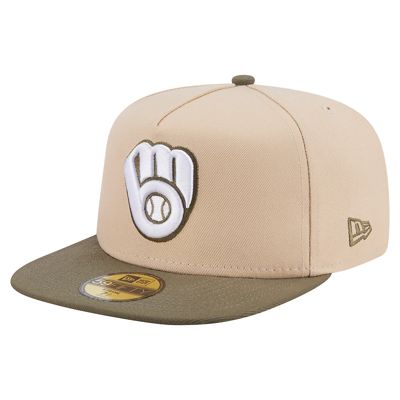 Men's New Era Light Beige/Olive Milwaukee Brewers Two-Tone Color Pack A-Frame 59FIFTY Fitted Hat