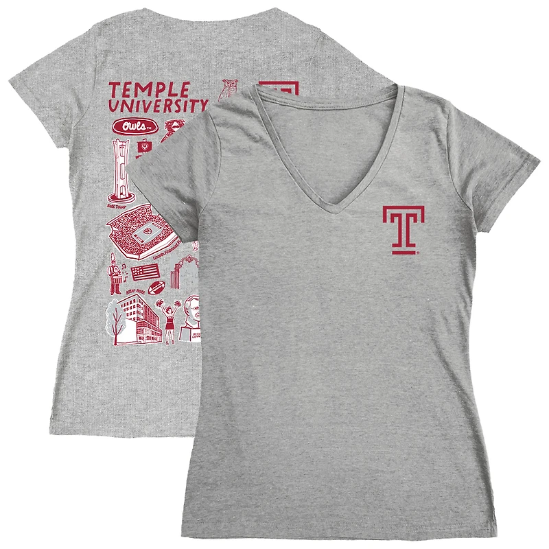 Women's Vive La Fete Gray Temple Owls Impressions Artwork V-Neck T-Shirt