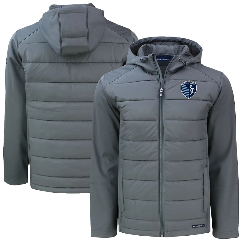 Men's Cutter & Buck Gray Sporting Kansas City Big Tall Evoke Hybrid Eco Softshell Recycled Full-Zip Hoodie Jacket