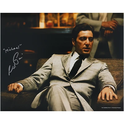 Al Pacino The Godfather Autographed 16" x 20" Sitting In Silver Suit Photograph with "Michael" Inscription