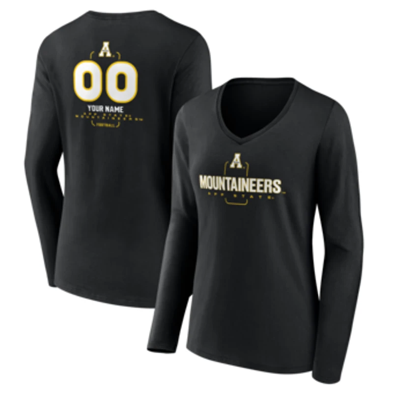Women's Black Appalachian State Mountaineers Personalized Name & Number Midfielder Long Sleeve V-Neck T-Shirt
