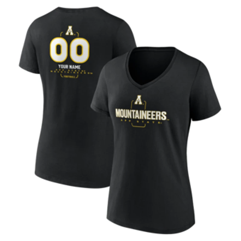 Women's Black Appalachian State Mountaineers Personalized Name & Number Midfielder V-Neck T-Shirt