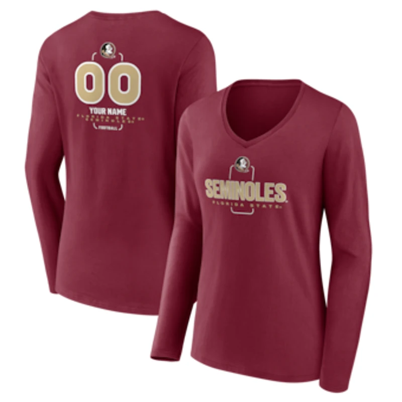 Women's Garnet Florida State Seminoles Personalized Name & Number Midfielder Long Sleeve V-Neck T-Shirt