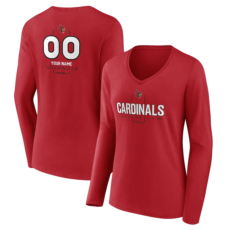 Women's Red Louisville Cardinals Personalized Name & Number Midfielder Long Sleeve V-Neck T-Shirt