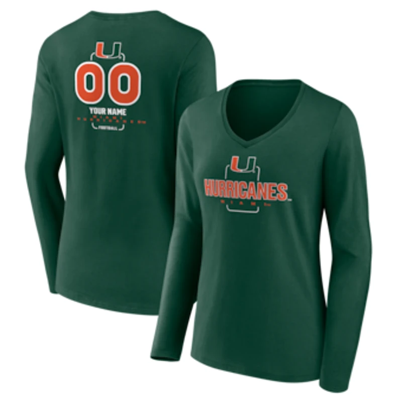 Women's Green Miami Hurricanes Personalized Name & Number Midfielder Long Sleeve V-Neck T-Shirt