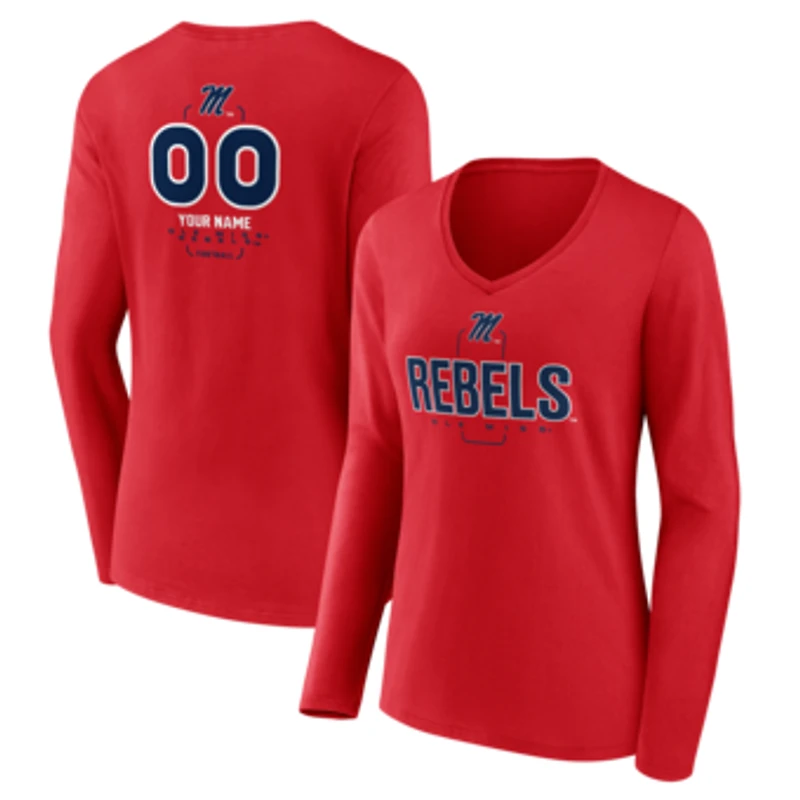 Women's Red Ole Miss Rebels Personalized Name & Number Midfielder Long Sleeve V-Neck T-Shirt
