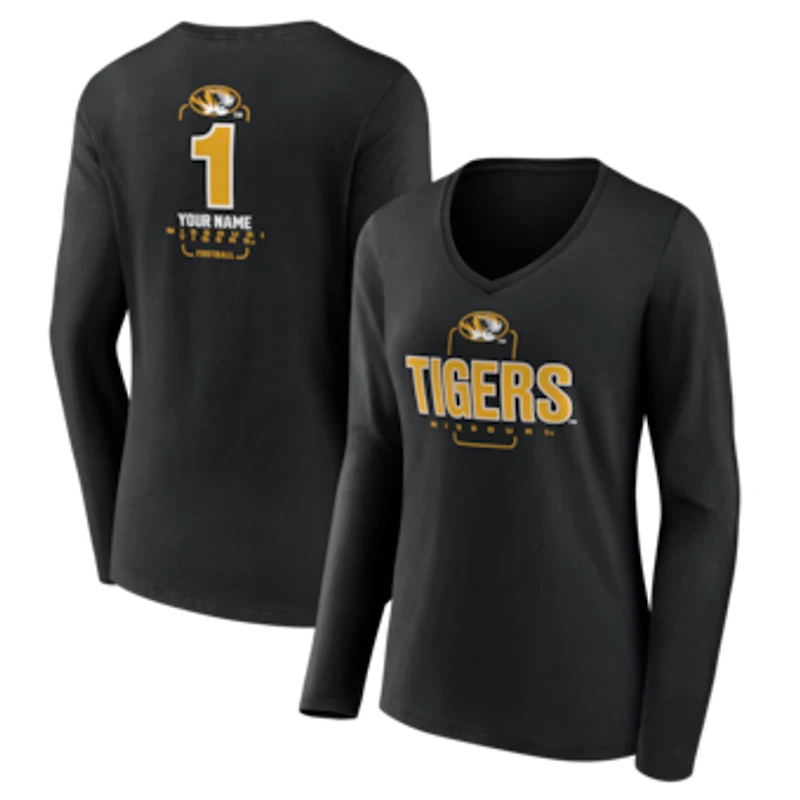 Women's Black Missouri Tigers Personalized Any Name Midfielder Long Sleeve V-Neck T-Shirt