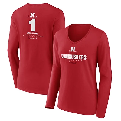 Women's Scarlet Nebraska Huskers Personalized Any Name Midfielder Long Sleeve V-Neck T-Shirt