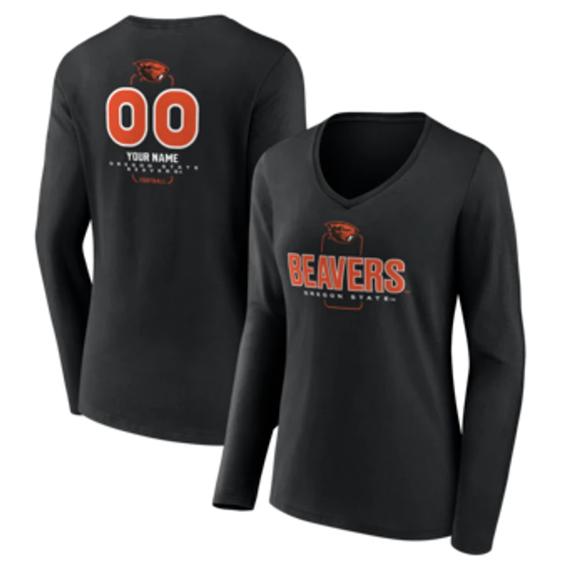Women's Black Oregon State Beavers Personalized Name & Number Midfielder Long Sleeve V-Neck T-Shirt