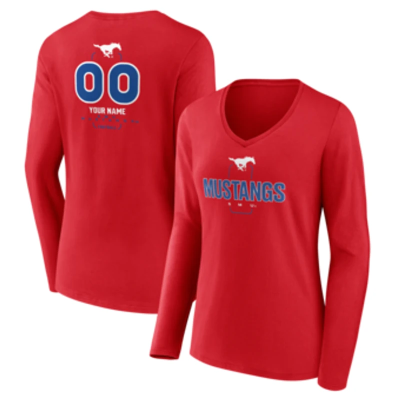 Women's Red SMU Mustangs Personalized Name & Number Midfielder Long Sleeve V-Neck T-Shirt