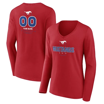 Women's Red SMU Mustangs Personalized Name & Number Midfielder Long Sleeve V-Neck T-Shirt