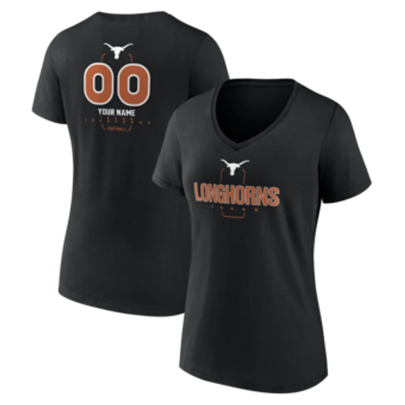 Women's Black Texas Longhorns Personalized Name & Number Midfielder V-Neck T-Shirt