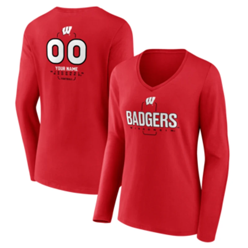 Women's Red Wisconsin Badgers Personalized Name & Number Midfielder Long Sleeve V-Neck T-Shirt