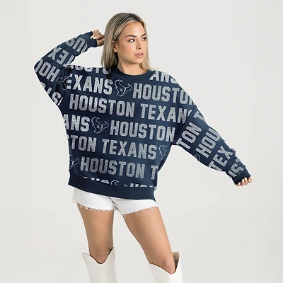Women's Gameday Couture Navy Houston Texans Relaxed Drop Shoulder Hype Era Rhinestone Text Sweatshirt