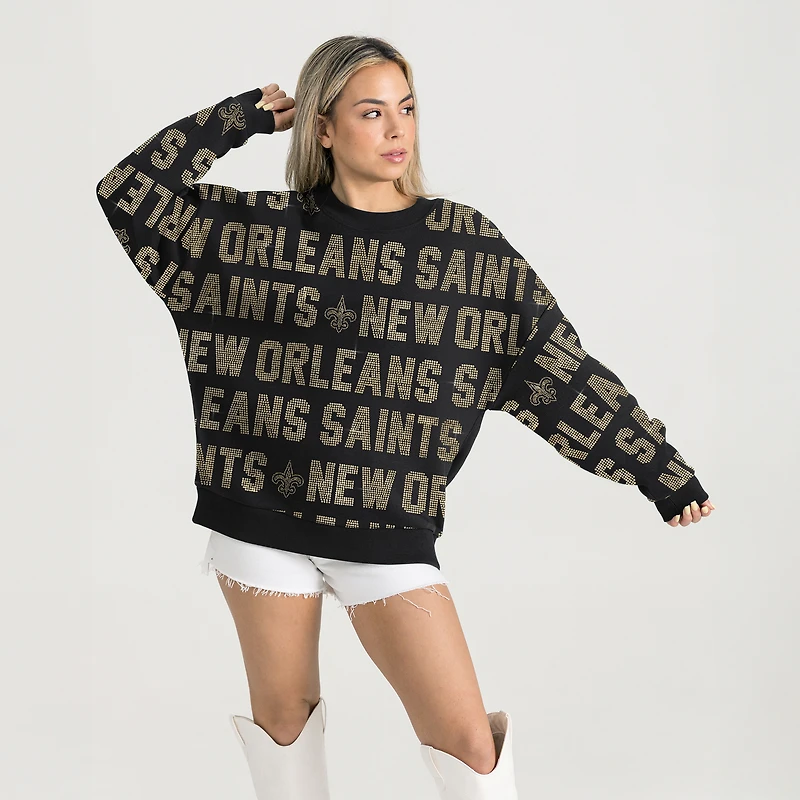 Women's Gameday Couture Black New Orleans Saints Relaxed Drop Shoulder Hype Era Rhinestone Text Sweatshirt
