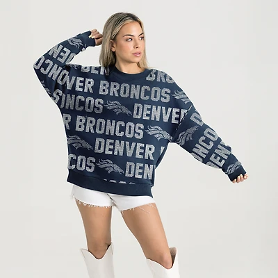Women's Gameday Couture Navy Denver Broncos Relaxed Drop Shoulder Hype Era Rhinestone Text Sweatshirt