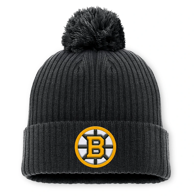 Men's Fanatics Black Boston Bruins Primary Logo Cuffed Knit Hat with Pom
