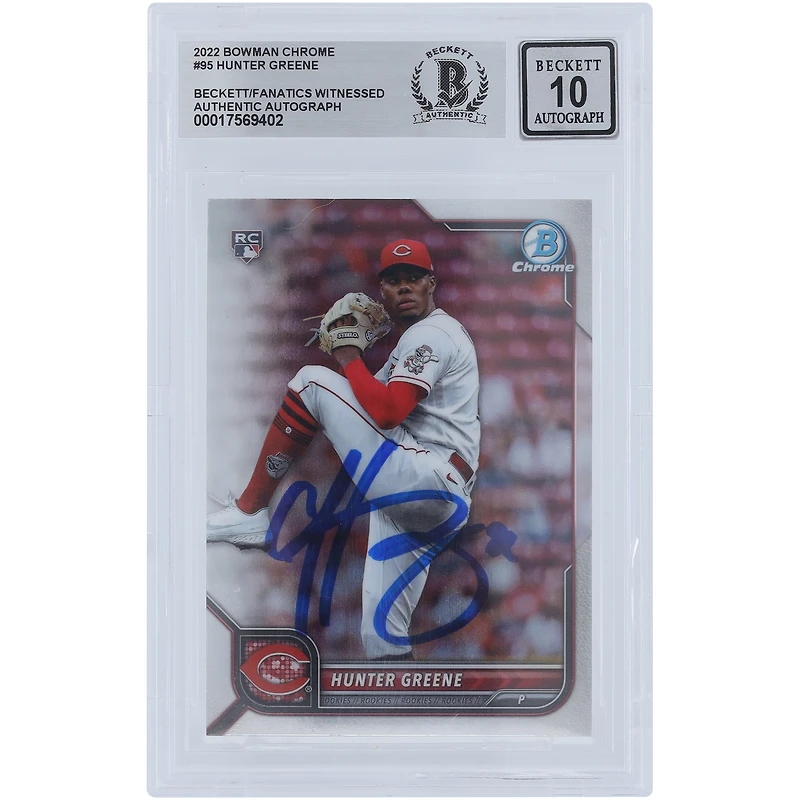 Hunter Greene Cincinnati Reds Autographed 2022 Bowman Chrome #95 Beckett Fanatics Witnessed Authenticated 10 Rookie Card