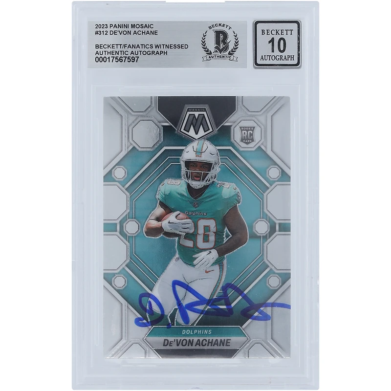 De'Von Achane Miami Dolphins Autographed 2023 Panini Mosaic #312 Beckett Fanatics Witnessed Authenticated 10 Rookie Card