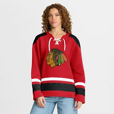 Women's Fanatics Athletic Red Chicago Blackhawks Icing Long Sleeve Lace Up Sweatshirt