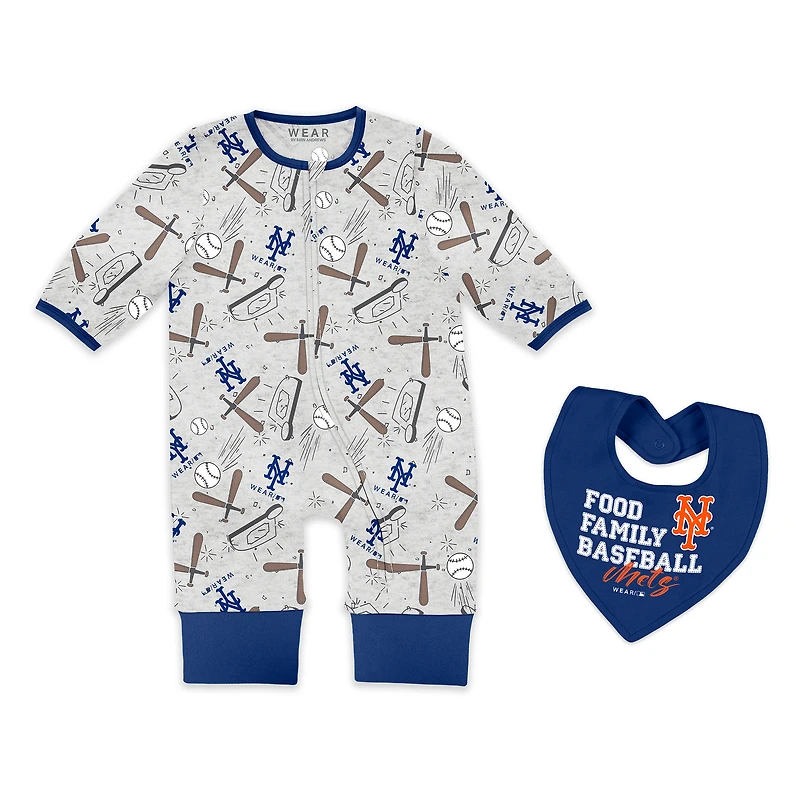 Newborn & Infant WEAR by Erin Andrews  Heather Gray New York Mets Sleep and Play Full-Zip Sleeper Bib Set