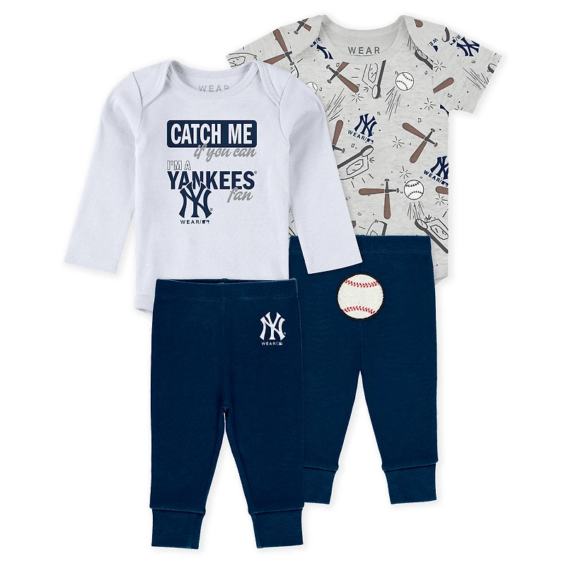 Newborn & Infant WEAR by Erin Andrews Heather Gray/White/Navy New York Yankees Three-Piece Turn Me Around Bodysuits Pants Set