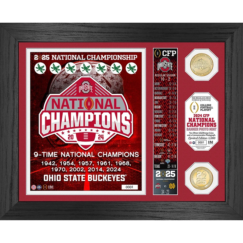 Highland Mint Ohio State Buckeyes Nine-Time Football National Champions 13" x 16" Banner Bronze Coin Photo Mint
